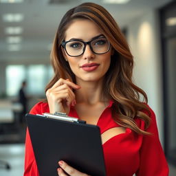 A close-up shot of a gorgeous white female with brunette hair, wearing glasses