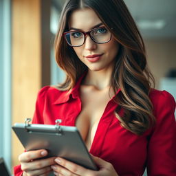 A close-up shot of a gorgeous white female with brunette hair, wearing glasses