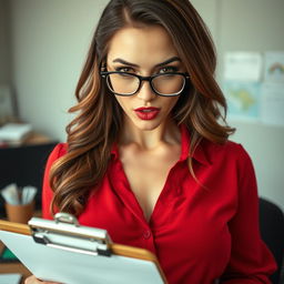 A close-up shot of a gorgeous white female with brunette hair, wearing glasses and a red blouse that accentuates her large chest and visible cleavage