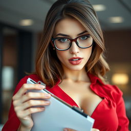 A close-up shot of a gorgeous white female with brunette hair and glasses, wearing a fitted red blouse that accentuates her large chest and reveals some cleavage
