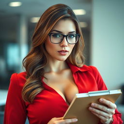 A close-up shot of a gorgeous white female with brunette hair and glasses, wearing a fitted red blouse that accentuates her large chest and reveals some cleavage