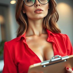 A close-up on the chest and torso of a gorgeous white female with brunette hair