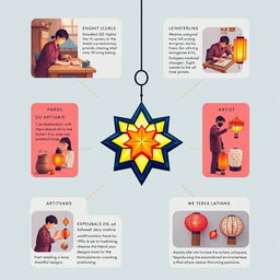 A creative and insightful design illustrating the integration of innovation through technology and AI into the traditional practices of crafting 'paról' (star lanterns)