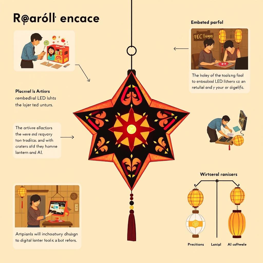 A creative and insightful design illustrating the integration of innovation through technology and AI into the traditional practices of crafting 'paról' (star lanterns)