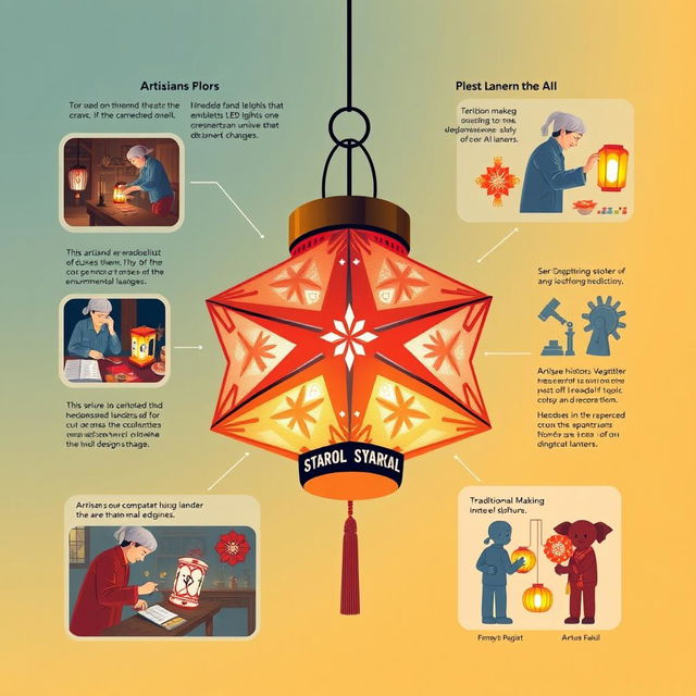 A creative and insightful design illustrating the integration of innovation through technology and AI into the traditional practices of crafting 'paról' (star lanterns)