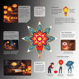 A creative and insightful design illustrating the integration of innovation through technology and AI into the traditional practices of crafting 'paról' (star lanterns)