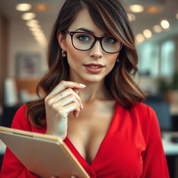 A close-up shot focusing on the chest and torso of a gorgeous white female with brunette hair, wearing stylish glasses