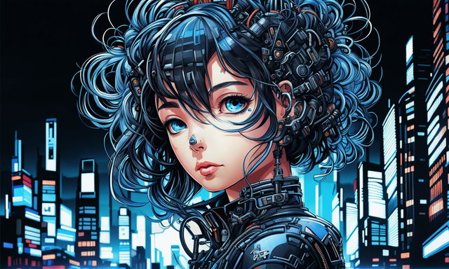 Ultra-intricate ball-point pen style portrait illustration of a mechanical cyberpunk girl against a neon cityscape backdrop.