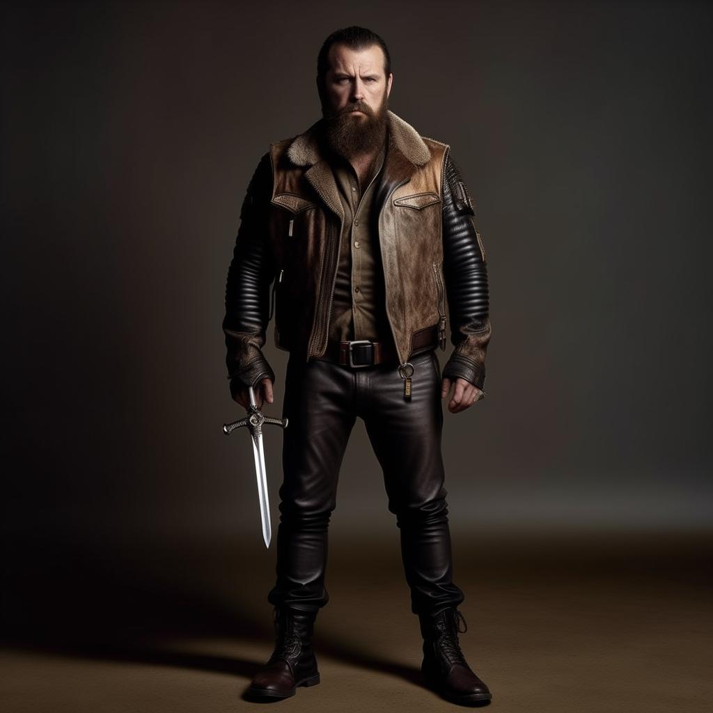 A bearded, rough-faced kidnapper commander, armed with a silver sword, wearing a bulletproof vest hidden under a leather jacket, with matching leather pants and boots.