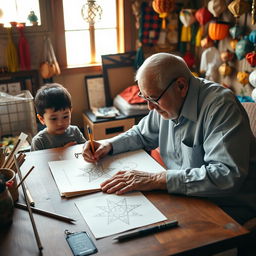 A heartwarming scene of an elderly man skillfully drawing a design for a traditional 'paról' (star lantern) at a wooden table, with intricate details of the lantern sketched on paper