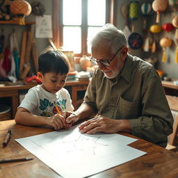 A heartwarming scene of an elderly man skillfully drawing a design for a traditional 'paról' (star lantern) at a wooden table, with intricate details of the lantern sketched on paper