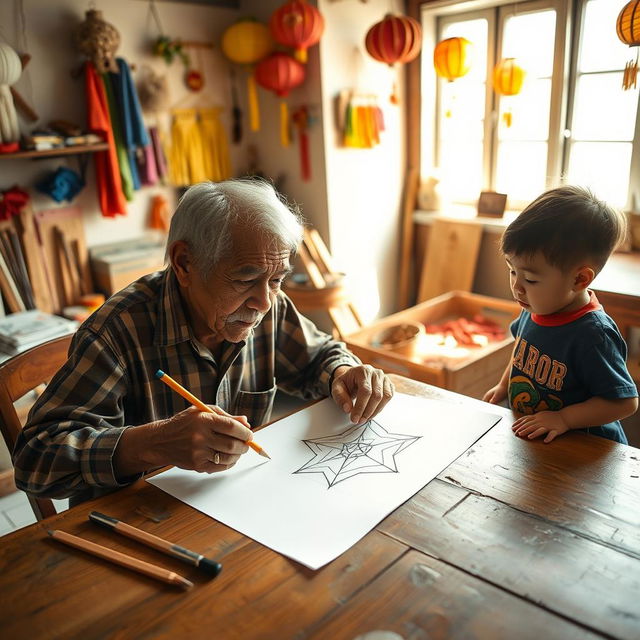 A heartwarming scene of an elderly man skillfully drawing a design for a traditional 'paról' (star lantern) at a wooden table, with intricate details of the lantern sketched on paper