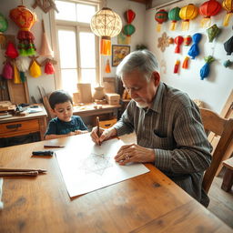 A heartwarming scene of an elderly man skillfully drawing a design for a traditional 'paról' (star lantern) at a wooden table, with intricate details of the lantern sketched on paper
