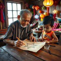 A touching scene capturing an old Filipino man meticulously drawing a traditional 'paról' (star lantern) at a rustic wooden table, showcasing his artistic skill with a pencil gliding over textured paper