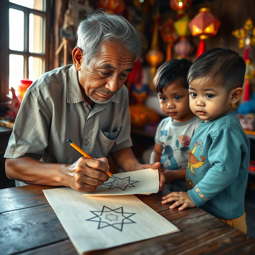 A touching scene capturing an old Filipino man meticulously drawing a traditional 'paról' (star lantern) at a rustic wooden table, showcasing his artistic skill with a pencil gliding over textured paper