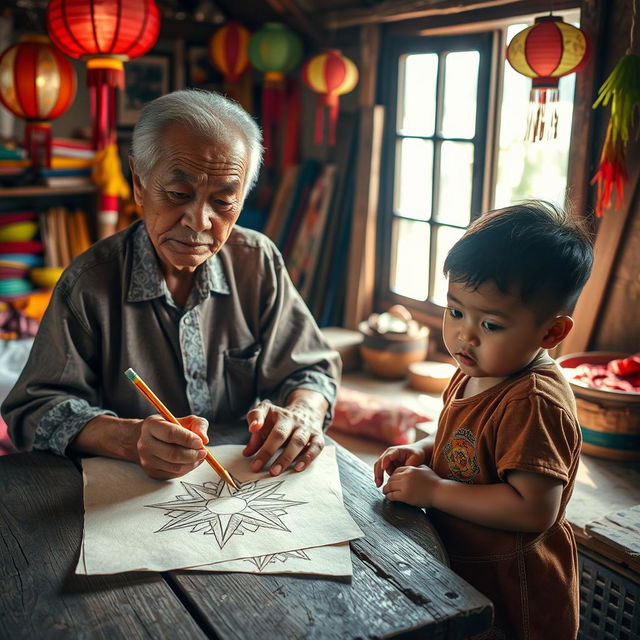 A touching scene capturing an old Filipino man meticulously drawing a traditional 'paról' (star lantern) at a rustic wooden table, showcasing his artistic skill with a pencil gliding over textured paper