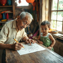 A touching scene capturing an old Filipino man meticulously drawing a traditional 'paról' (star lantern) at a rustic wooden table, showcasing his artistic skill with a pencil gliding over textured paper