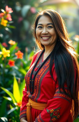 A portrait of a strong and wise Filipino woman with a warm smile, standing in a lush green landscape reminiscent of the Philippines, wearing a traditional Baro't Saya outfit adorned with colorful intricate patterns