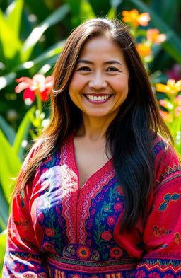 A portrait of a strong and wise Filipino woman with a warm smile, standing in a lush green landscape reminiscent of the Philippines, wearing a traditional Baro't Saya outfit adorned with colorful intricate patterns