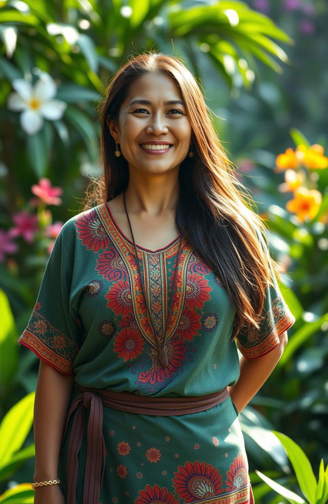 A portrait of a strong and wise Filipino woman with a warm smile, standing in a lush green landscape reminiscent of the Philippines, wearing a traditional Baro't Saya outfit adorned with colorful intricate patterns