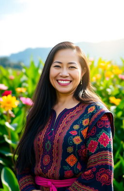 A portrait of a strong and wise Filipino woman with a warm smile, standing in a lush green landscape reminiscent of the Philippines, wearing a traditional Baro't Saya outfit adorned with colorful intricate patterns