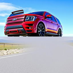 A vibrant red Ford Expedition modified with a Shelby Super Snake Sport body kit, featuring large 33-inch wheels