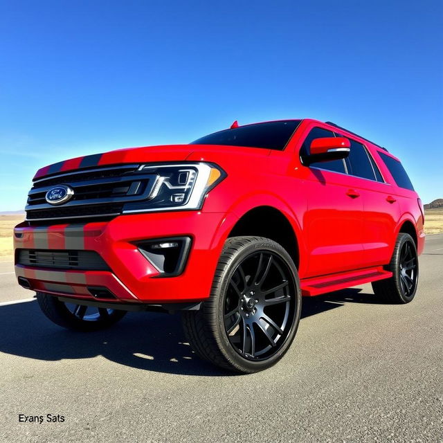 A vibrant red Ford Expedition modified with a Shelby Super Snake Sport body kit, featuring large 33-inch wheels