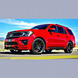 A vibrant red Ford Expedition modified with a Shelby Super Snake Sport body kit, featuring large 33-inch wheels