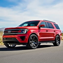 A vibrant red Ford Expedition modified with a Shelby Super Snake Sport body kit, featuring large 33-inch wheels