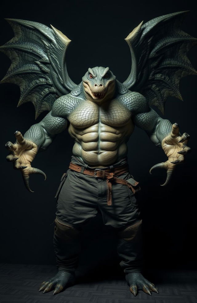 A 7-foot tall alligator man, muscular and intimidating, featuring 4 expressive eyes and 4 powerful arms