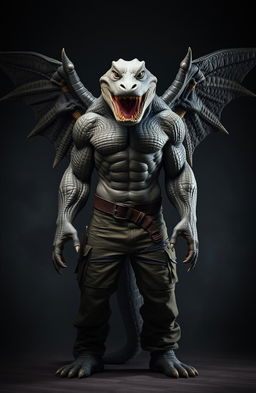 A 7-foot tall alligator man, muscular and intimidating, featuring 4 expressive eyes and 4 powerful arms