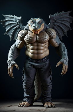 A 7-foot tall alligator man, muscular and intimidating, featuring 4 expressive eyes and 4 powerful arms