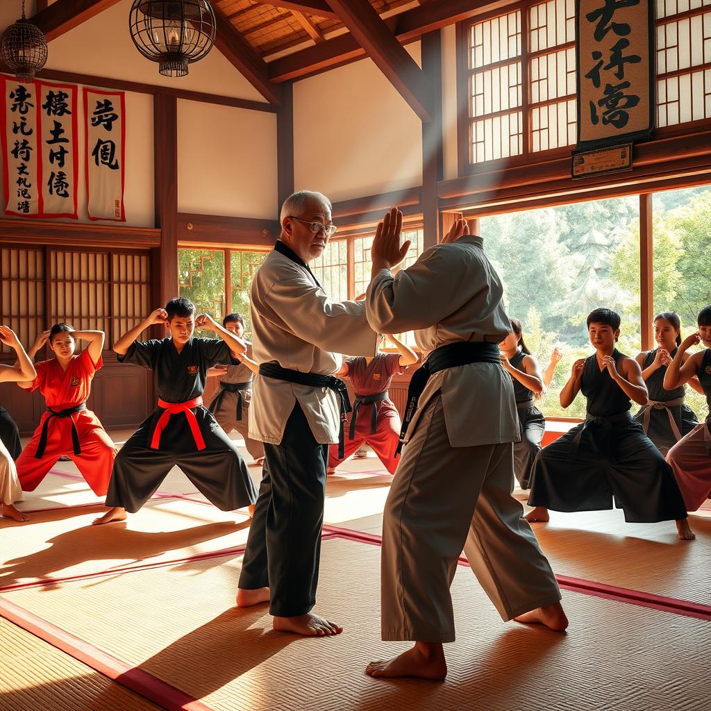 A vibrant and culturally rich depiction of discipline within an immersive setting, showcasing a traditional martial arts dojo filled with students in dynamic poses practicing discipline through movement