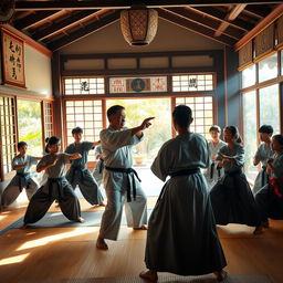 A vibrant and culturally rich depiction of discipline within an immersive setting, showcasing a traditional martial arts dojo filled with students in dynamic poses practicing discipline through movement
