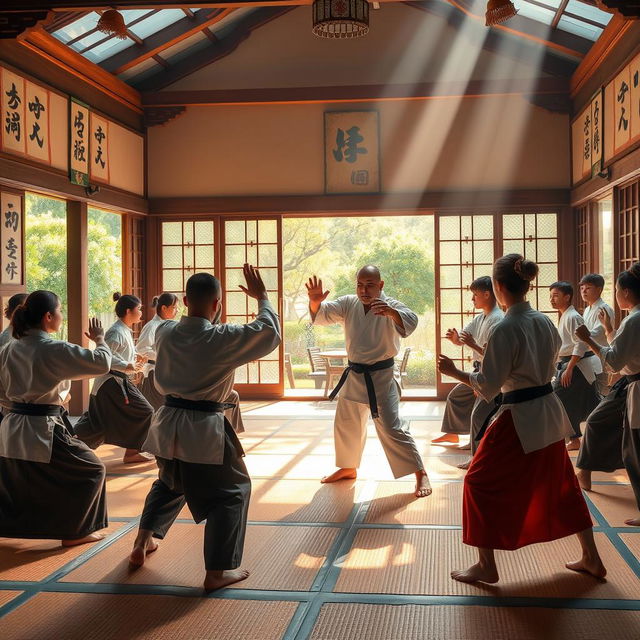 A vibrant and culturally rich depiction of discipline within an immersive setting, showcasing a traditional martial arts dojo filled with students in dynamic poses practicing discipline through movement