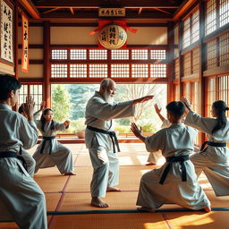 A vibrant and culturally rich depiction of discipline within an immersive setting, showcasing a traditional martial arts dojo filled with students in dynamic poses practicing discipline through movement