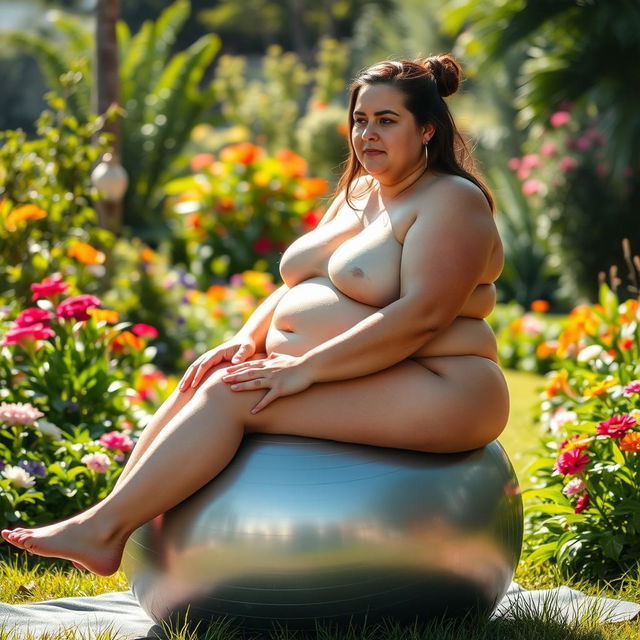 An overweight woman sitting on a deflated silver yoga ball in a lush garden