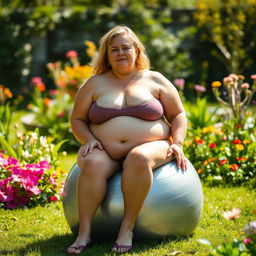 An overweight woman sitting on a deflated silver yoga ball in a lush garden