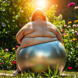 An overweight woman sitting on a deflated silver yoga ball in a vibrant garden