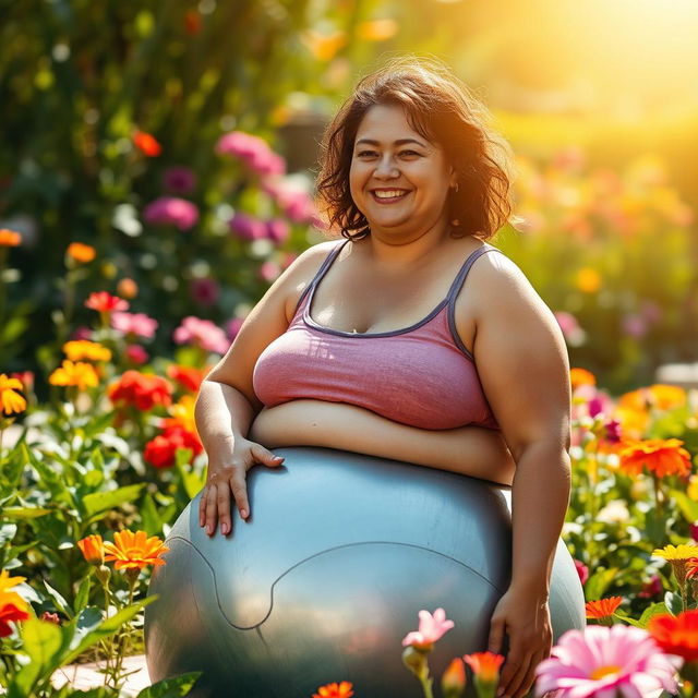 An overweight woman sitting on a deflated silver yoga ball in a vibrant garden