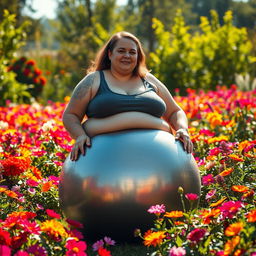An overweight woman sitting on a deflated silver yoga ball in a vibrant garden
