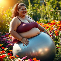 An overweight woman sitting on a deflated silver yoga ball in a vibrant garden