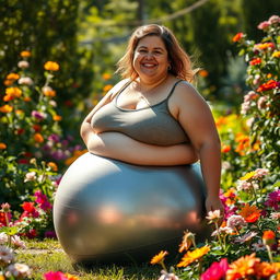 An overweight woman sitting on a deflated silver yoga ball in a vibrant garden