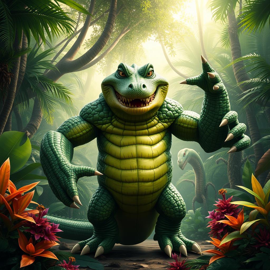 A fantastical alligator man with four muscular arms and four expressive eyes, standing confidently in a lush, tropical jungle setting