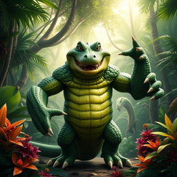 A fantastical alligator man with four muscular arms and four expressive eyes, standing confidently in a lush, tropical jungle setting