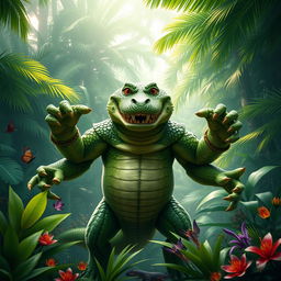 A fantastical alligator man with four muscular arms and four expressive eyes, standing confidently in a lush, tropical jungle setting