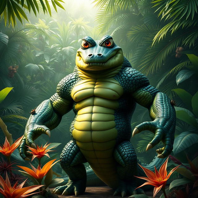 A fantastical alligator man with four muscular arms and four expressive eyes, standing confidently in a lush, tropical jungle setting