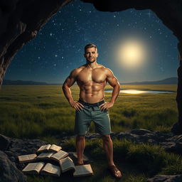 A muscular man standing in a cave illuminated by the soft glow of stars, exuding strength and confidence