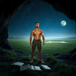 A muscular man standing in a cave illuminated by the soft glow of stars, exuding strength and confidence