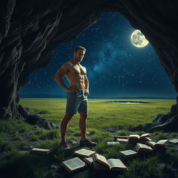 A muscular man standing in a cave illuminated by the soft glow of stars, exuding strength and confidence